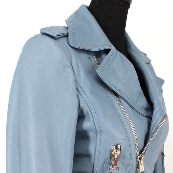 Balenciaga Leather Jacket Light Blue Lamb Moto Biker Silver Zip Jacket 36 Small - Picture 2 of 8